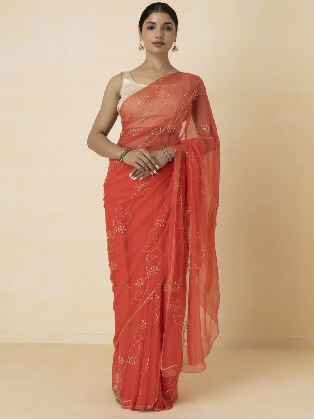 

Geroo Luxe Ethnic Motifs Sequinned Pure Chiffon Saree, Peach
