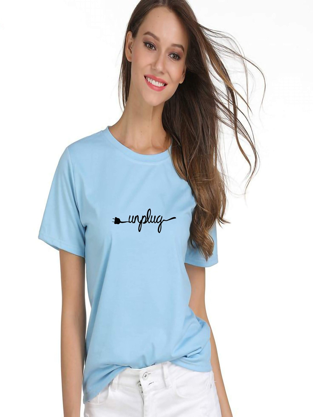 

VLAM Women Typography Printed Applique T-shirt, Blue