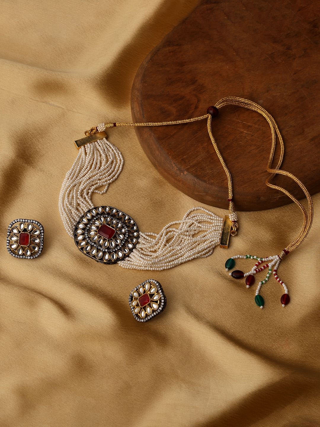 

PATOLA BY VJ Gold-Plated Artificial Stone-Studded & Beaded Jewellery Set, Red