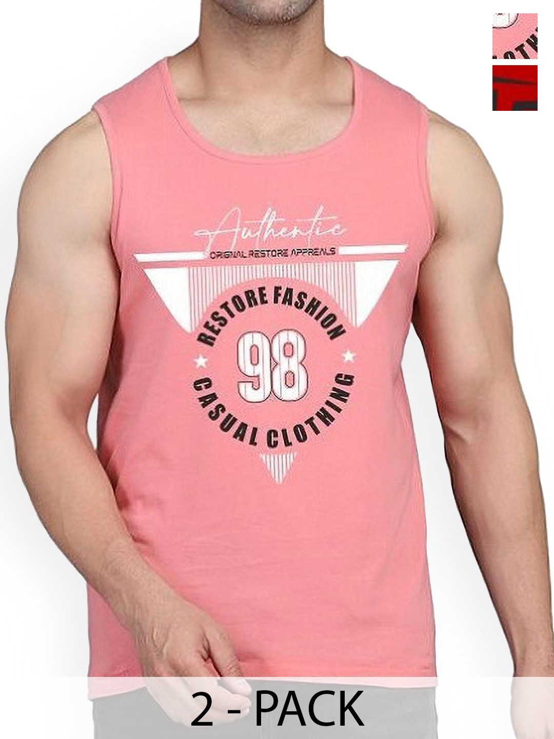 

WOOSTRO Men Pack Of 2 Printed Combed Cotton Gym Vest, Peach