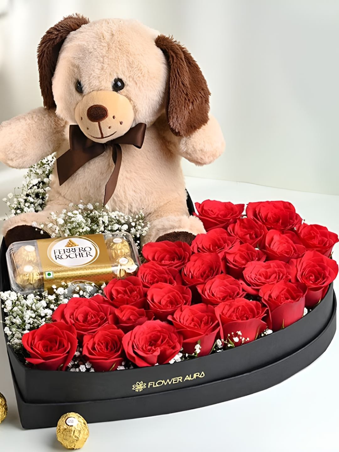 

Floweraura Set of 3 Rose Flowers Bouquet With Chocolates & Cute Teddy Bear In Heart Box, Red