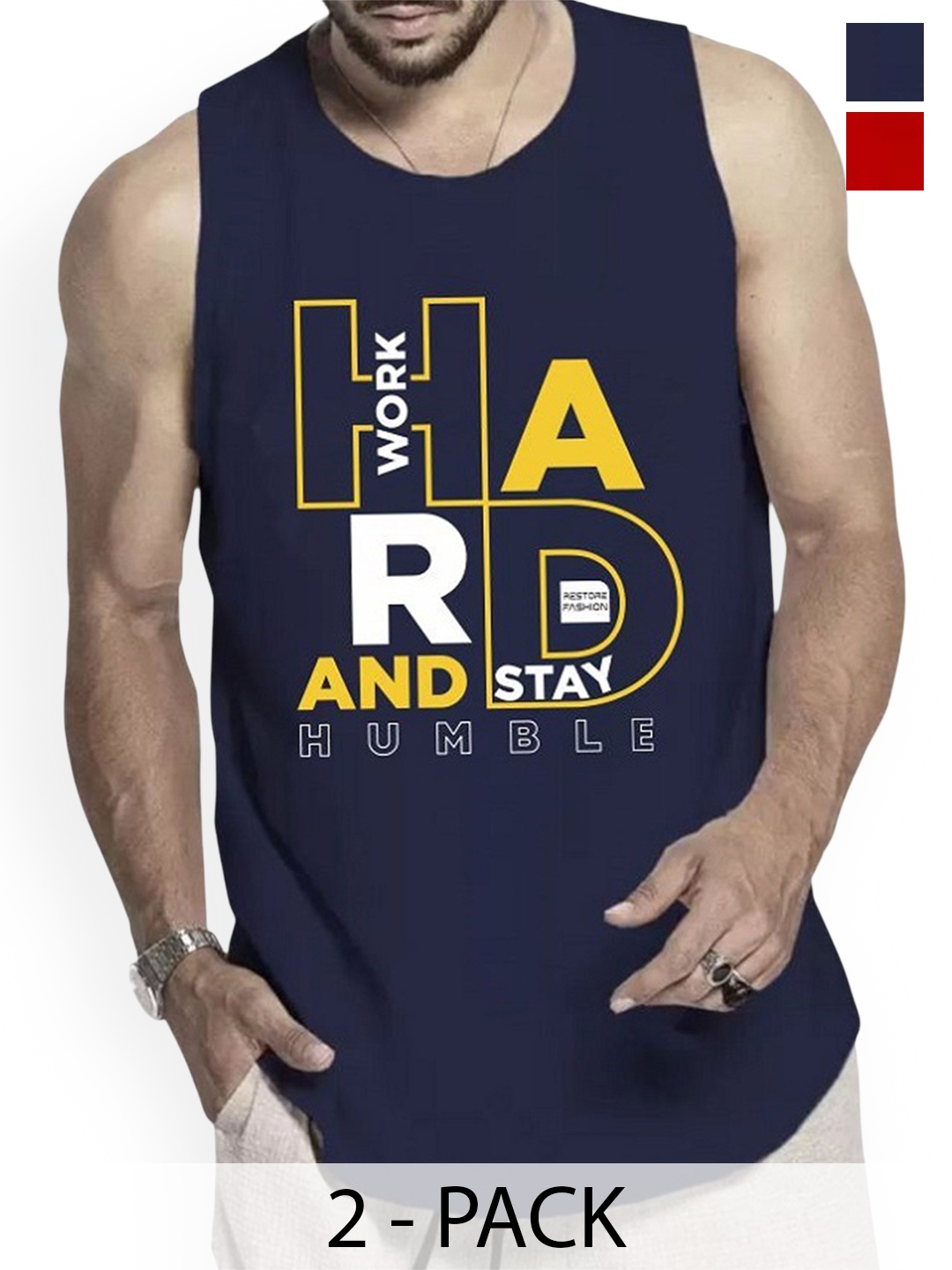 

WOOSTRO Pack Of 2 Printed Combed Cotton Gym Vest RS26 CMB (HARD NAVY) (HARD RED), Navy blue