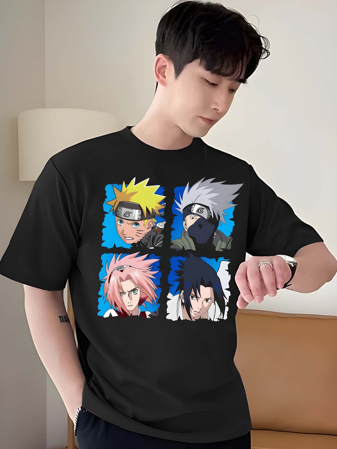 

Krimmple Men Naruto Graphic Printed Round Neck Cotton Oversized T-shirt, Black