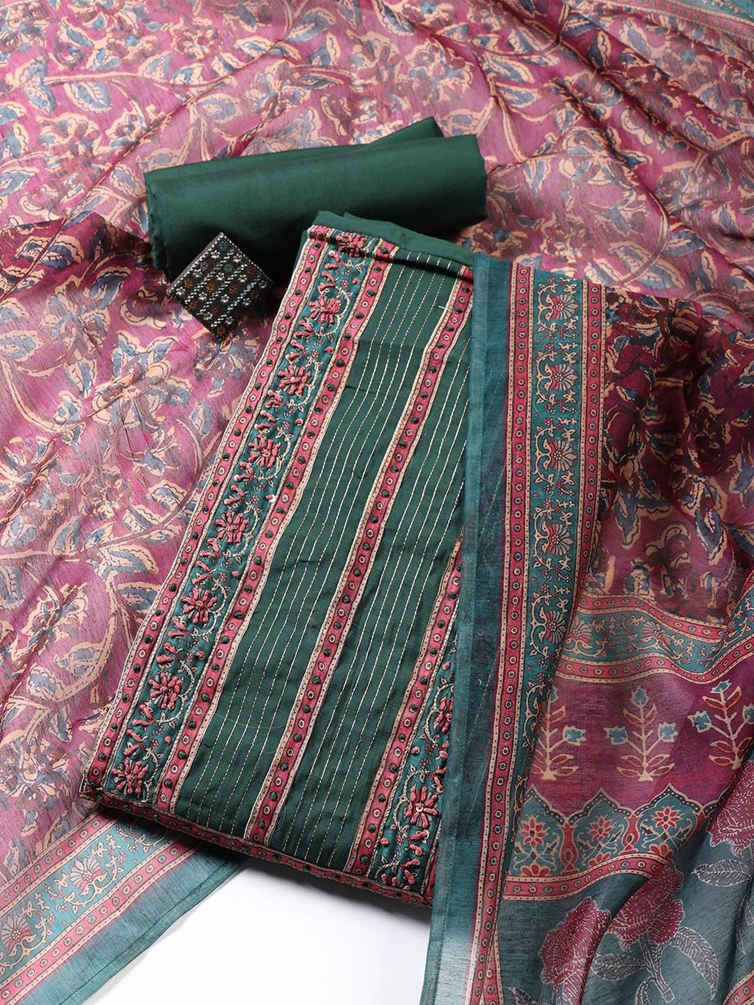 

Meena Bazaar Floral Yoke Design Chanderi Unstitched Dress Material, Green