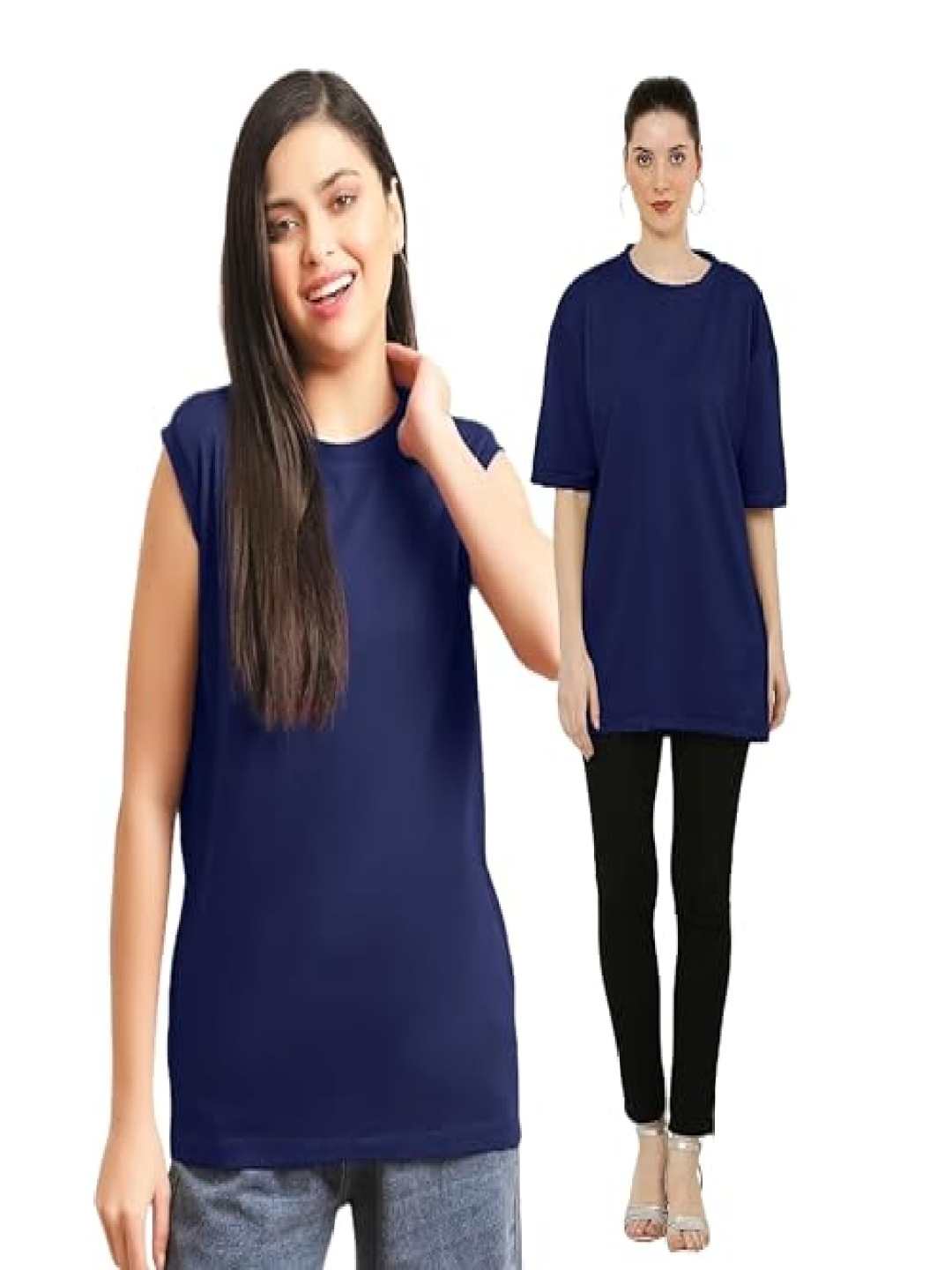 

NOTWILD Women Pack Of 2 Solid Round Neck Cotton T-shirts, Navy blue