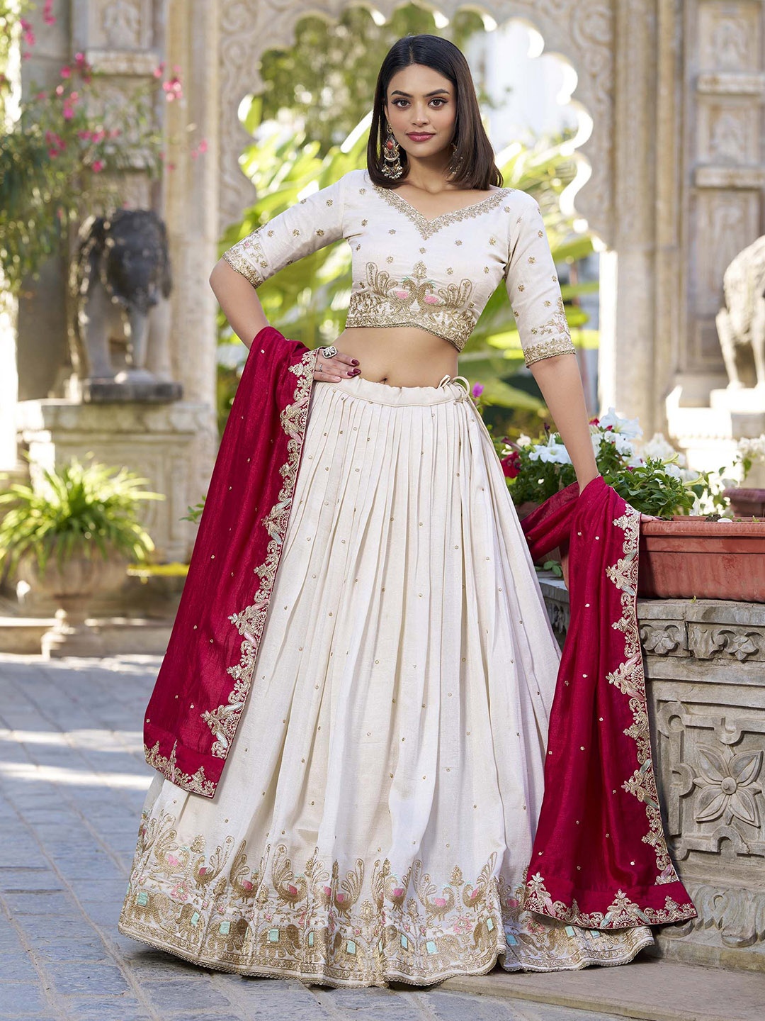 

JIHU CULTURE Embroidered Semi-Stitched Lehenga & Unstitched Blouse With Dupatta, White