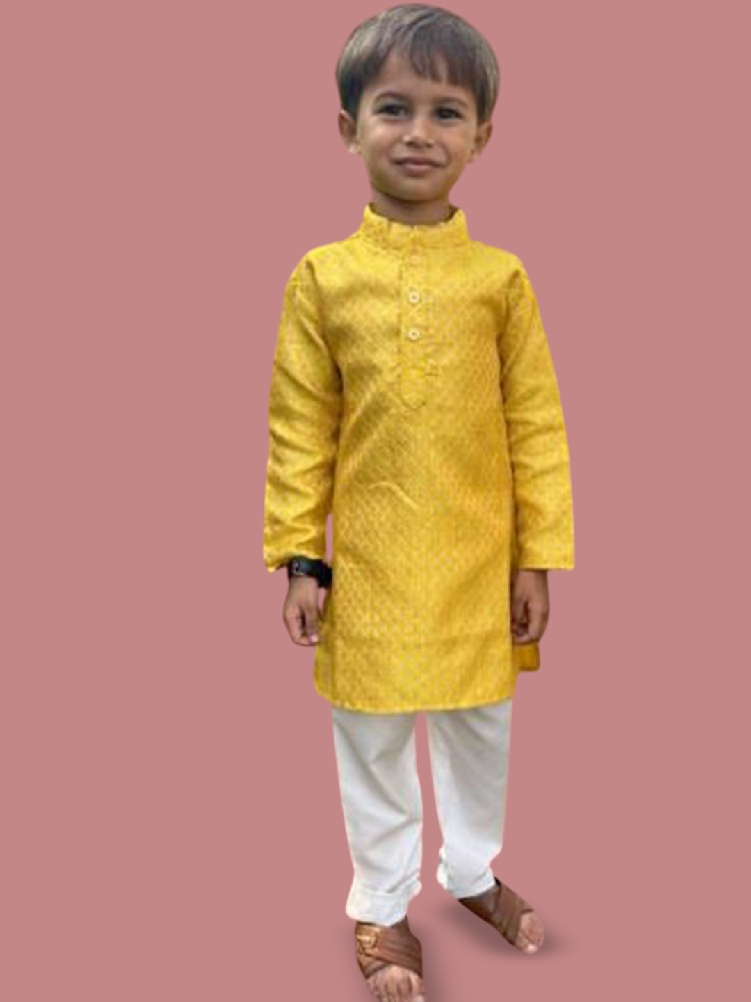 

BAESD Boys Woven Design Mandarin Collar Straight Pure Cotton Kurta With Pyjamas, Yellow