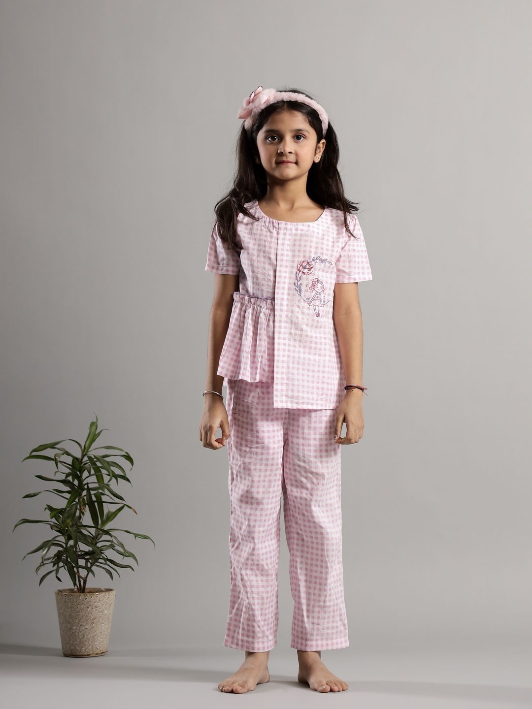 

SANSKRUTIHOMES Checked Embroidered Detail Pure Cotton Co-ords Set, Lavender