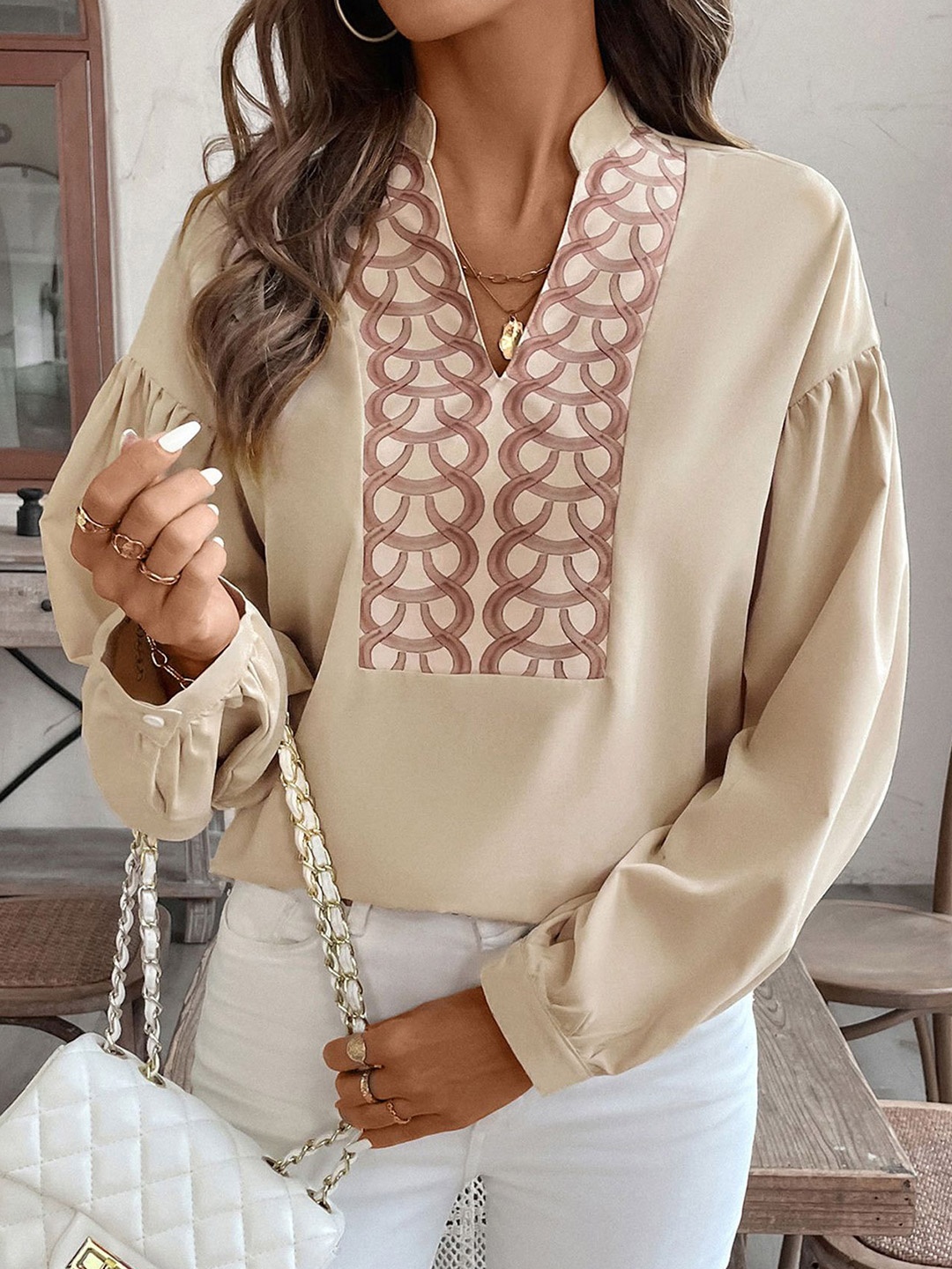 

StyleCast x Revolte Printed Mandarin Collar Top, Beige