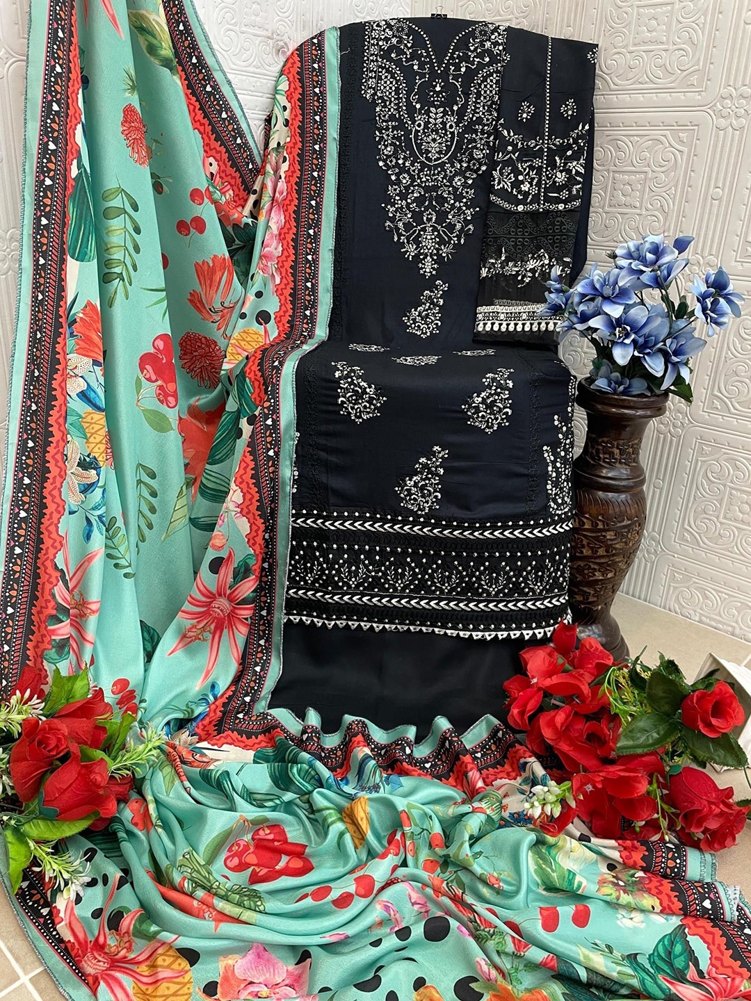 

ANAMSA Ethnic Motifs Embroidered Pure Cotton Semi-Stitched Dress Material, Black