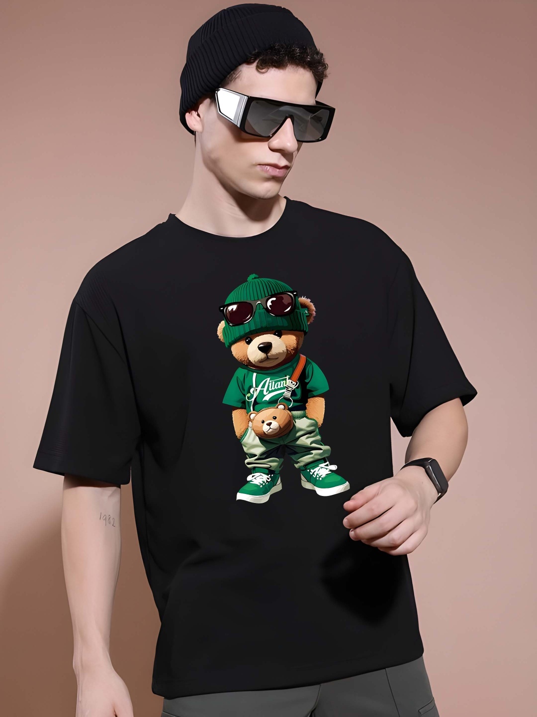 

BOWLIFESTYLE Men Drop-Shoulder Sleeves Pure Cotton T-shirt, Black