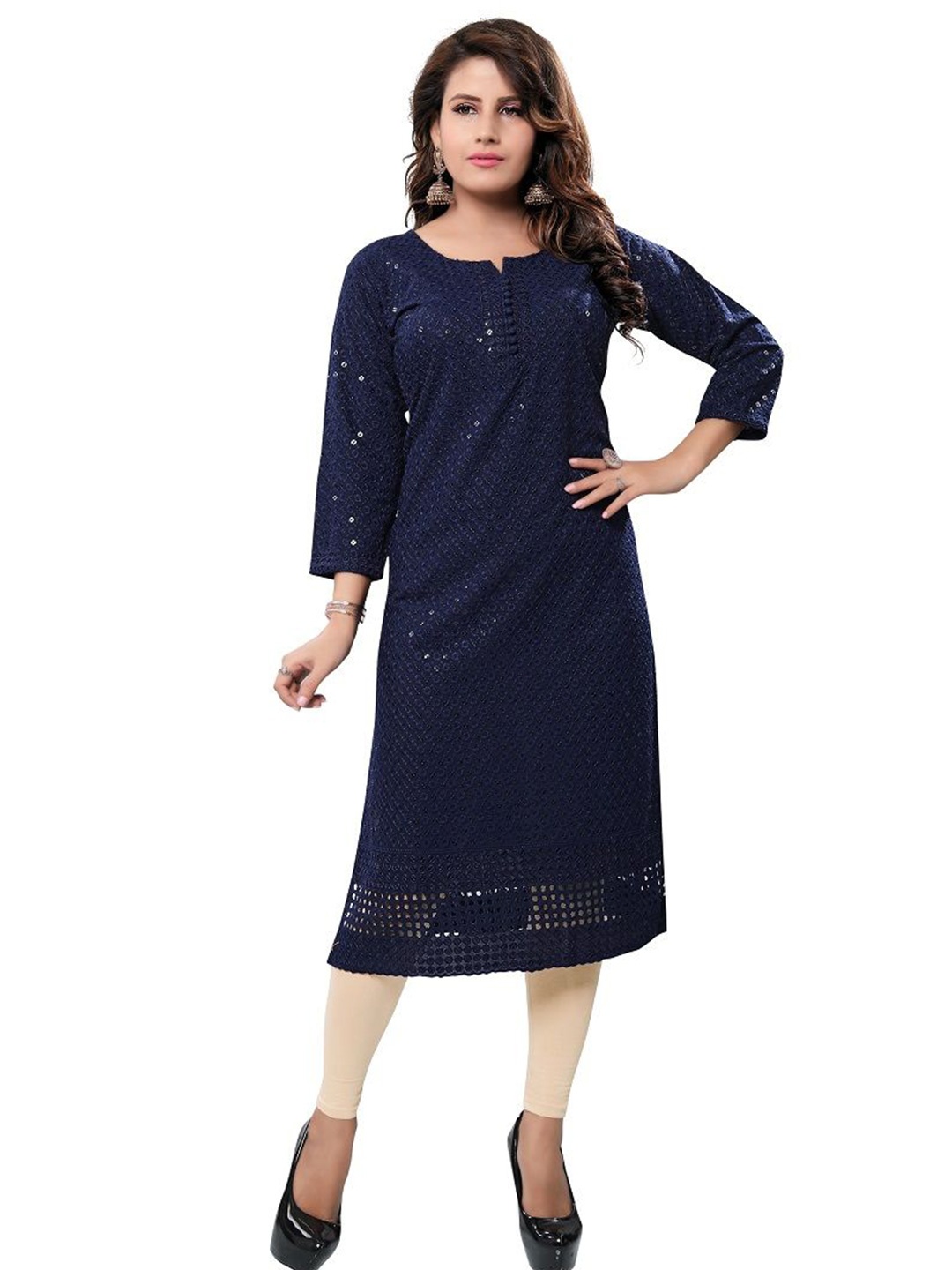

DREAM & DZIRE Floral Embellished Chikankari Notch Neck Straight Kurta, Navy blue