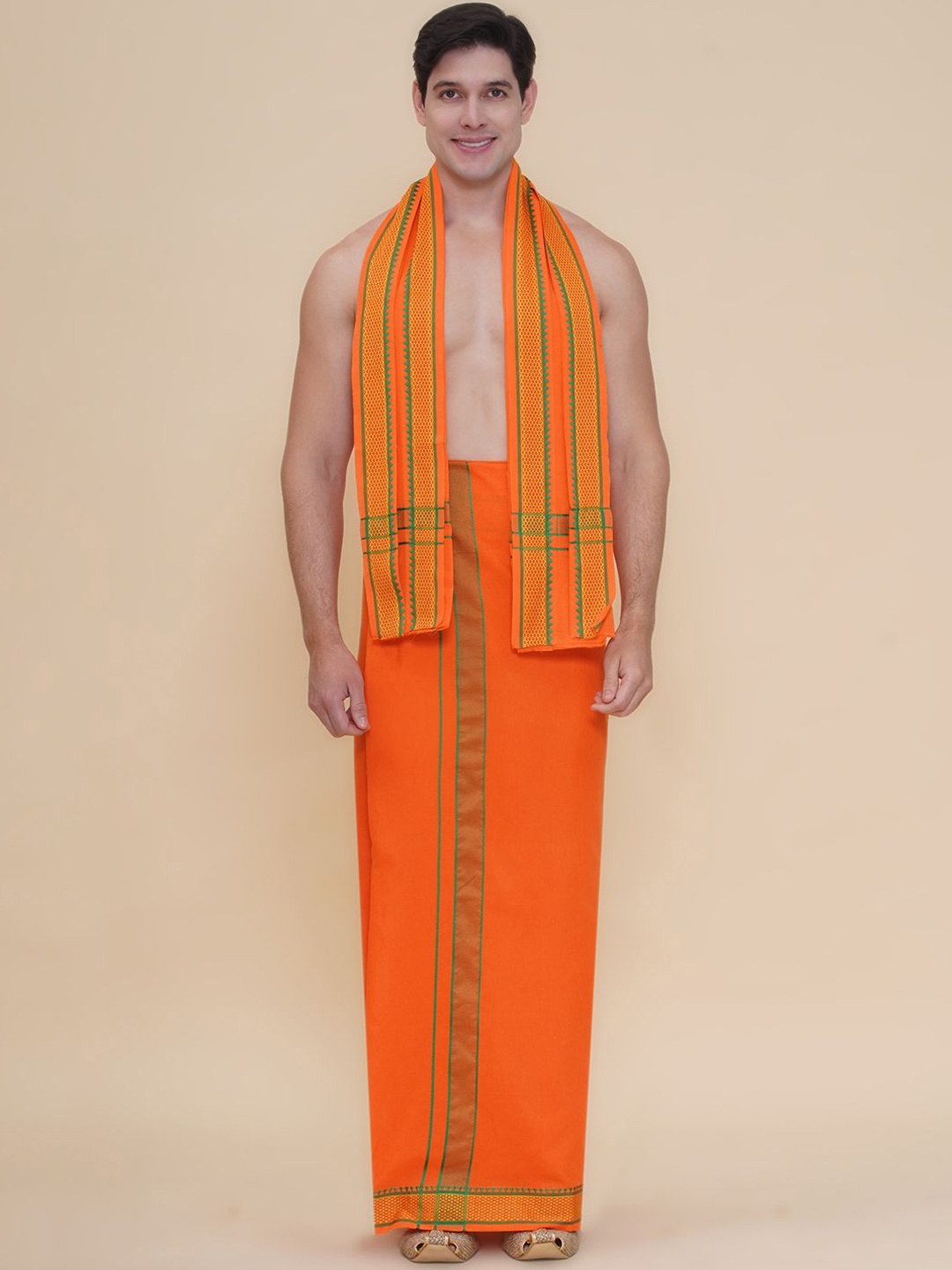 

Sethukrishna Men Cotton Dhoti with Angavastram, Orange
