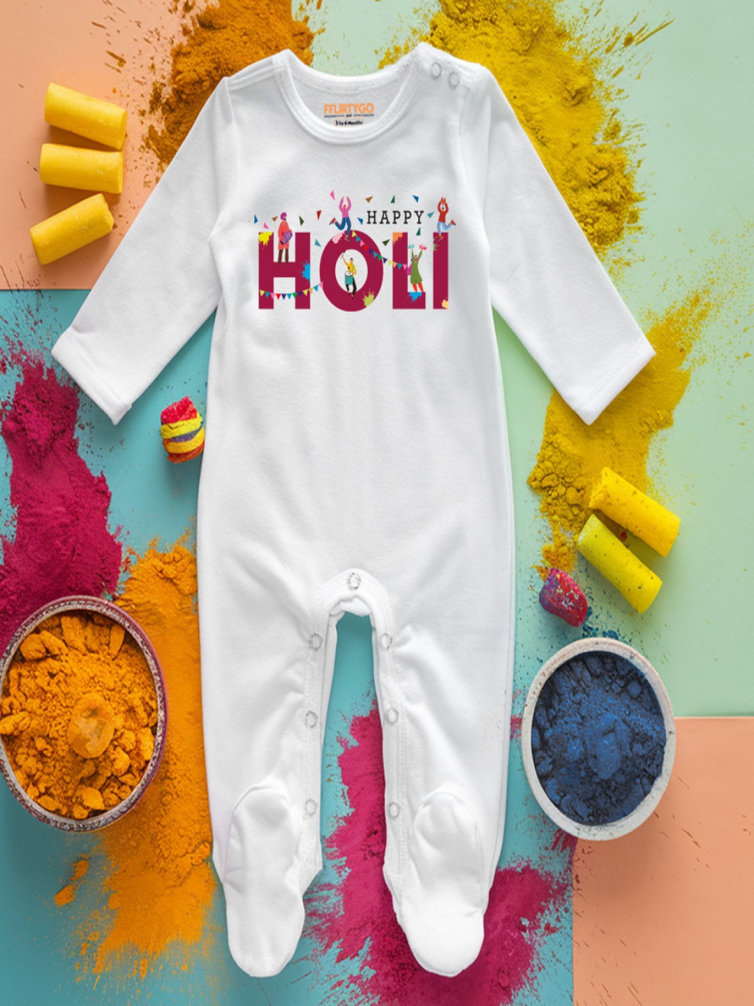 

FFLIRTYGO Infants Holi Printed Cotton Sleepsuit, White