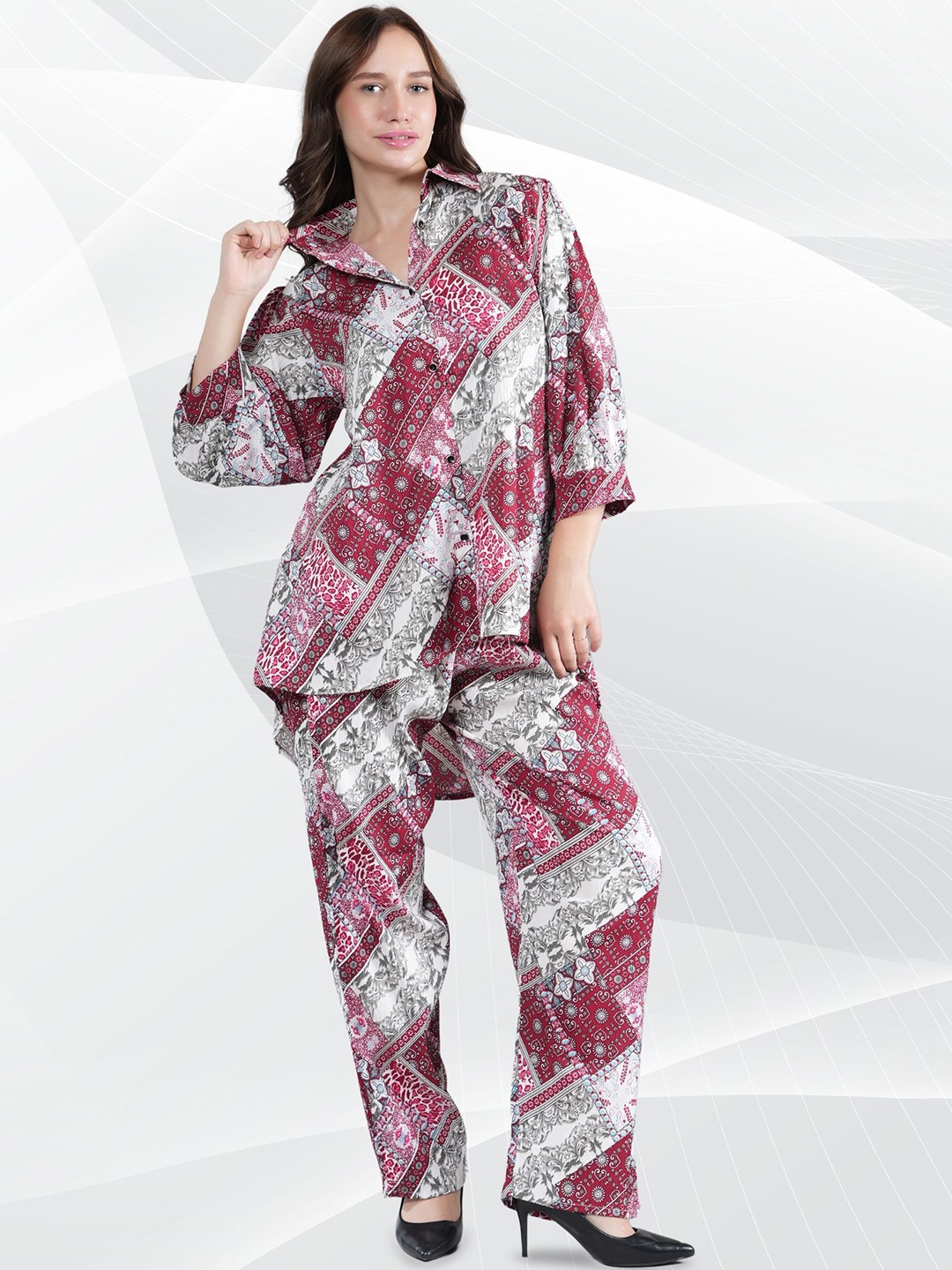 

NEYSA Ethnic Motifs Printed Shirt Collar Shirt And Trousers, Red