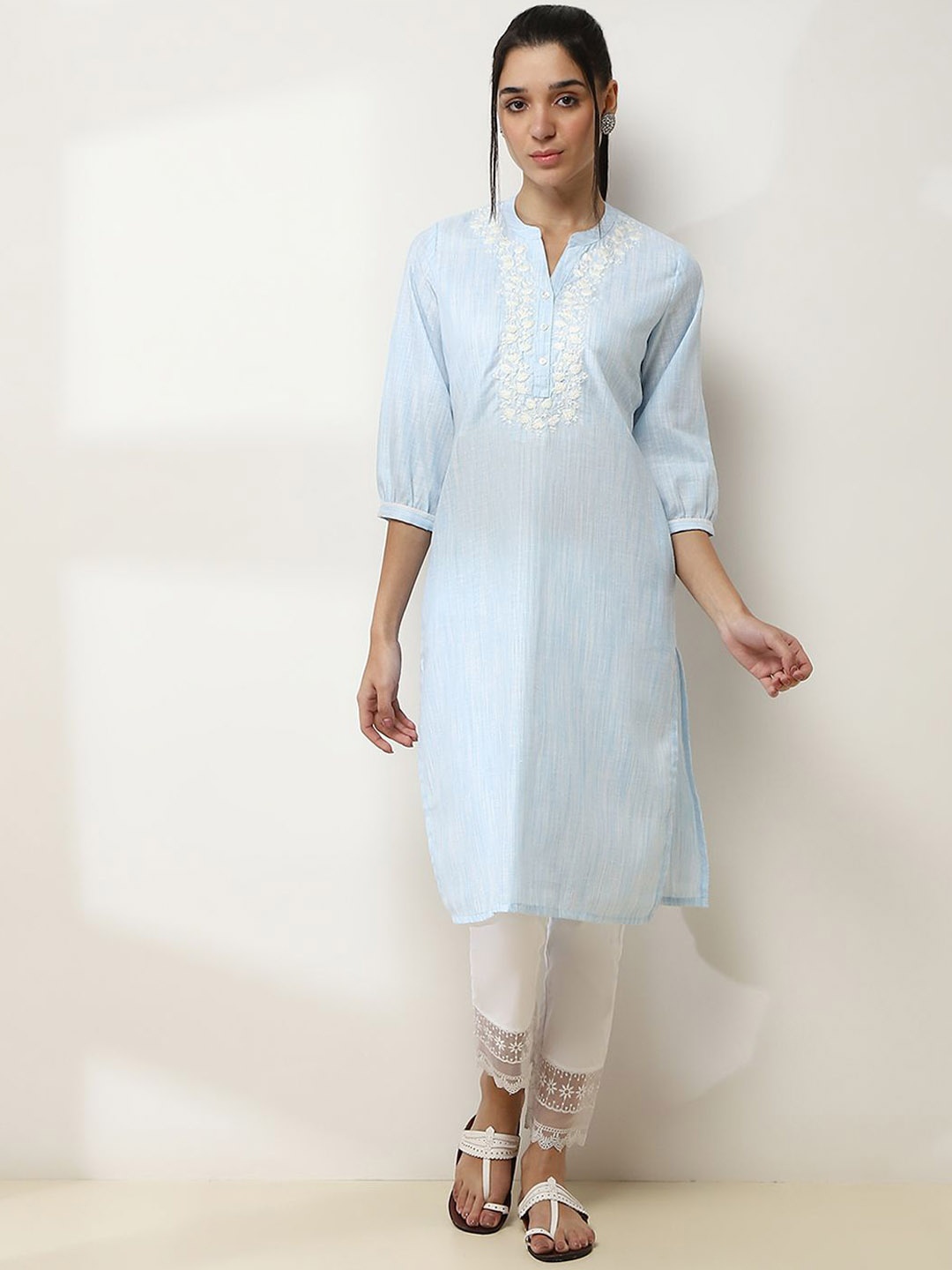 

Rangriti Floral Printed Mandarin Collar Cotton Straight Kurta, Blue