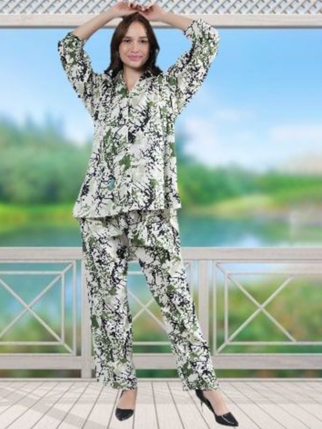 

NEYSA Printed Shirt Collar Shirt And Trousers, Green
