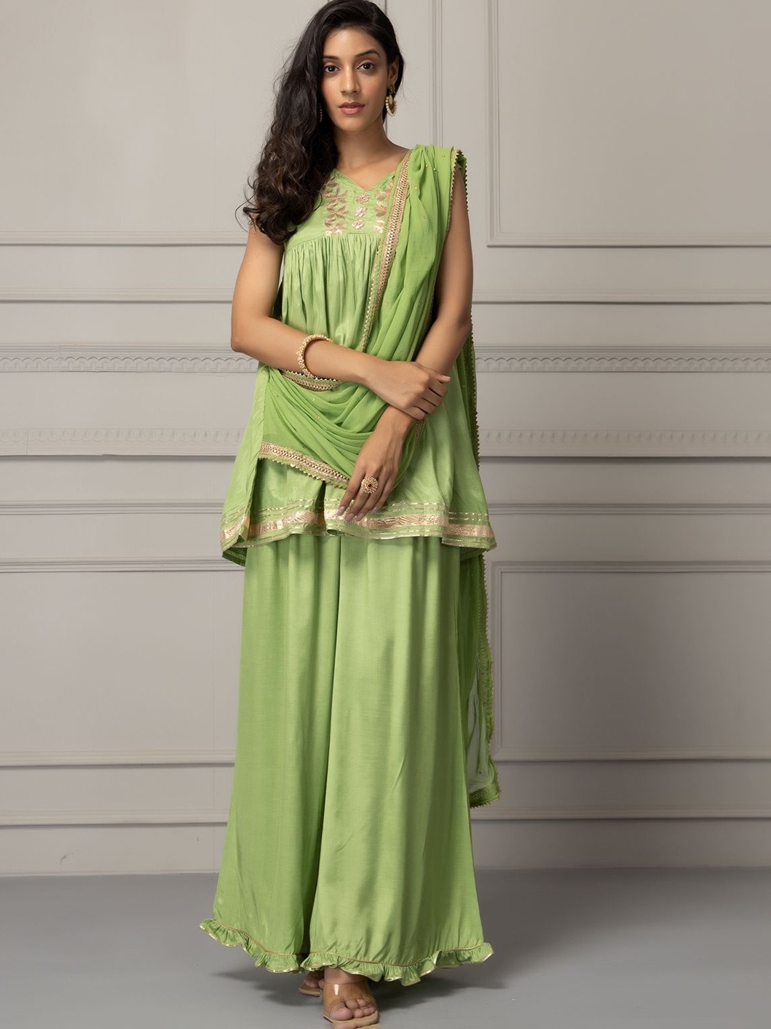 

Geroo Luxe Floral Embroidered V-Neck Gotta Patti A-Line Kurta With Palazzos & Dupatta, Green