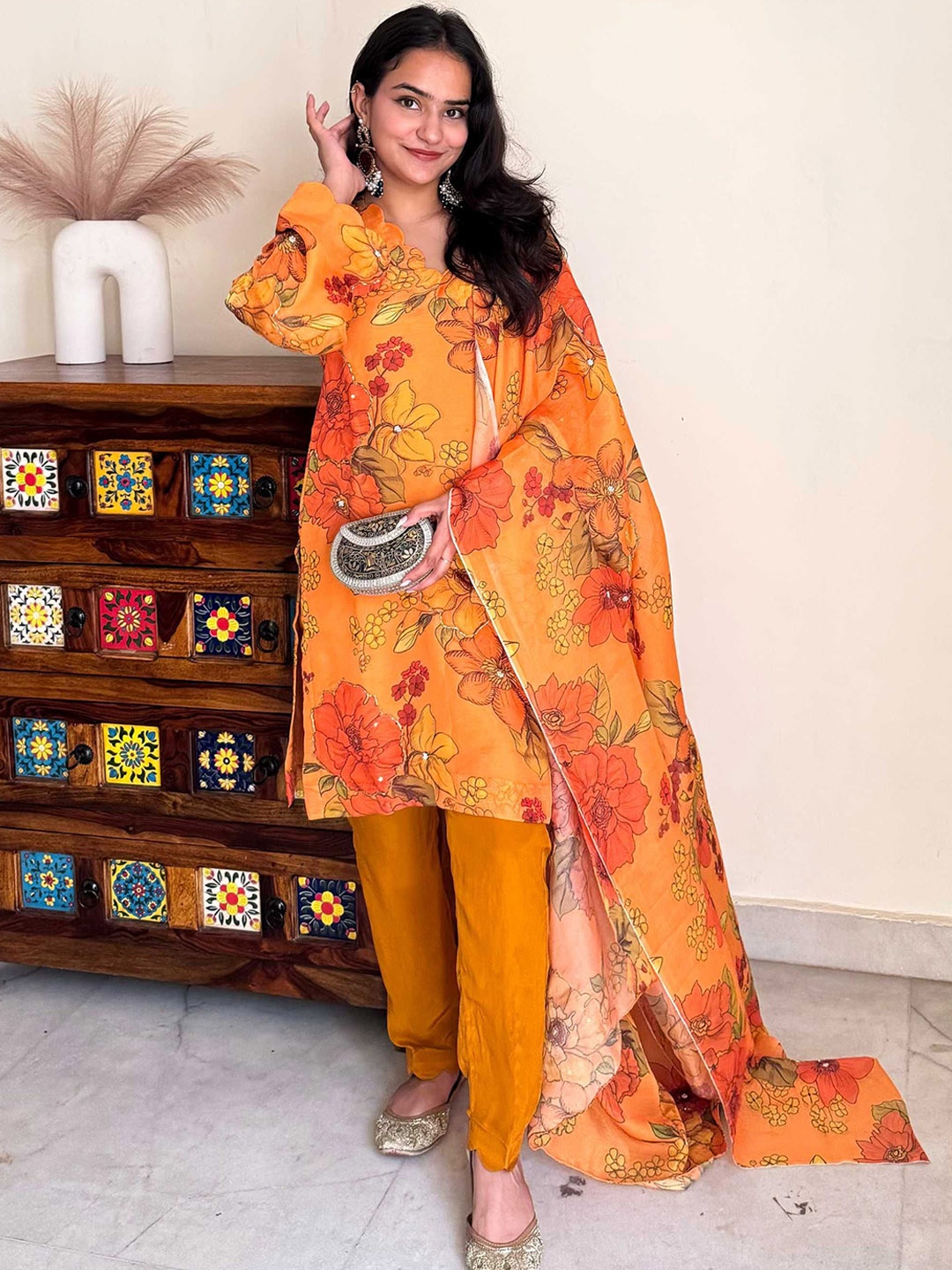 

ALLUREARMOIRE Floral Printed V-Neck Organza Straight Kurti With Trousers & Dupatta, Mustard