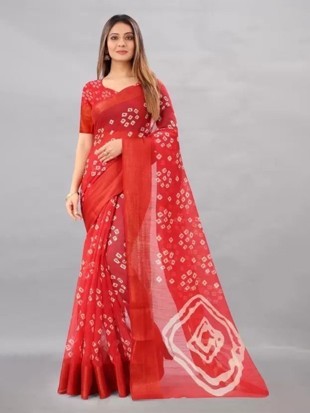 

bansari textiles Bandhani Printed Jute Cotton Saree, Red