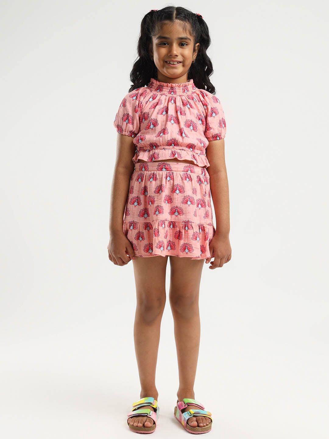 

Somersault Somer Mor Girls Printed Puffed Sleeves Pure Cotton Top With Skirt, Pink