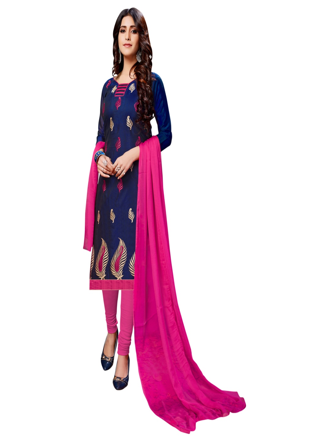 

HERE&NOW Floral Printed Unstitched Dress Material, Navy blue
