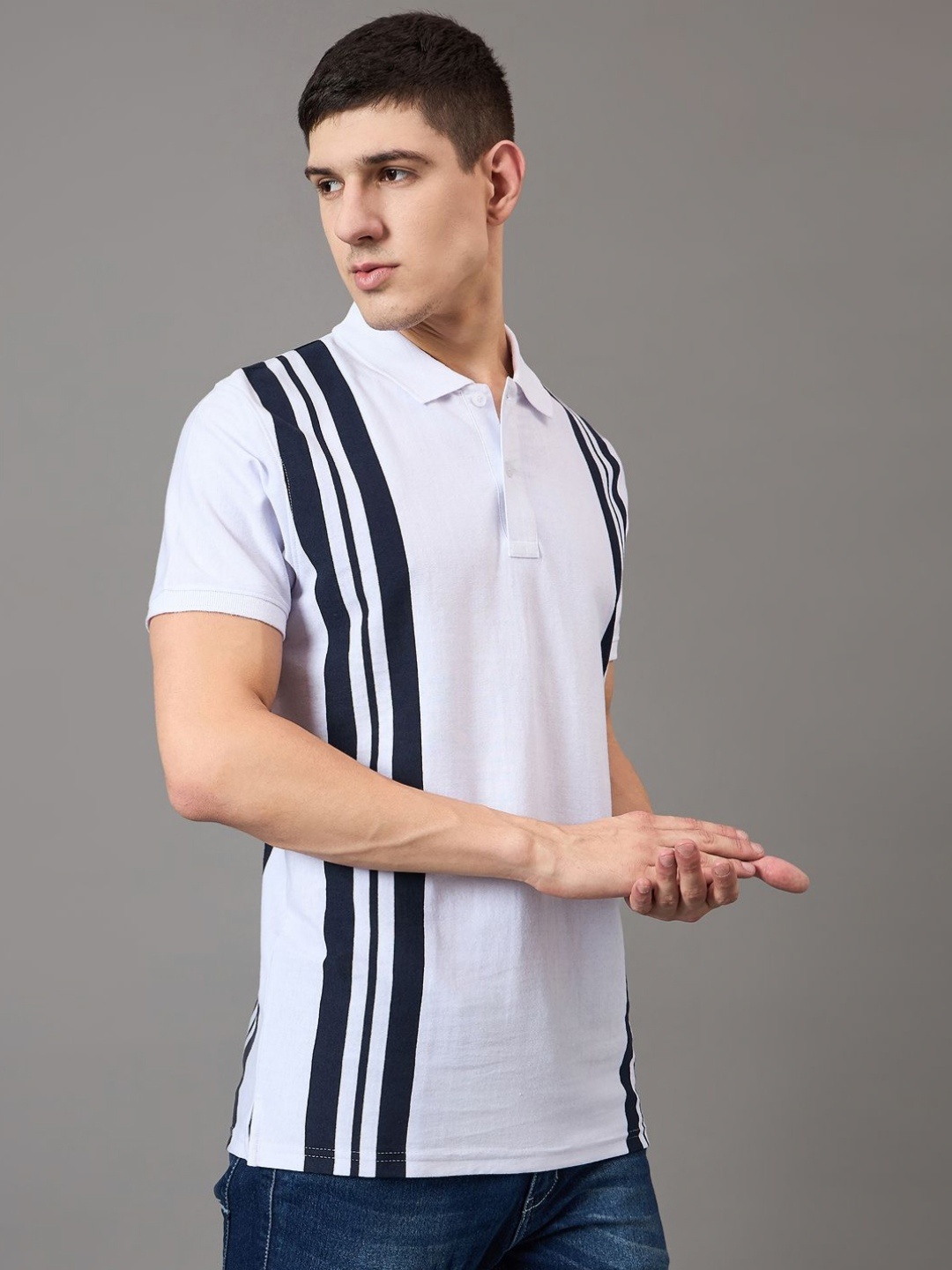 

BRONATION Men Striped Polo Collar Cotton T-shirt, White