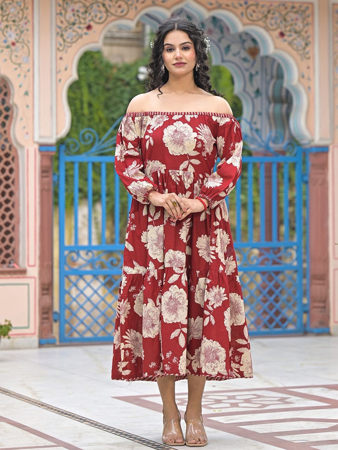 

ARAVALII Women Floral Printed Cotton Fit & Flare Midi Dress, Red