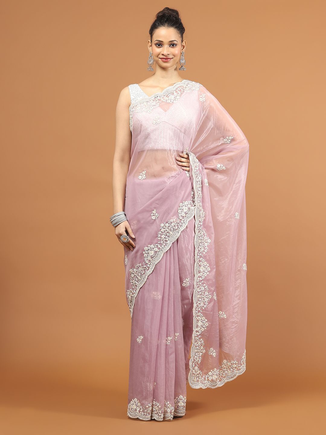 

Meena Bazaar Embellished Sequinned Organza Saree, Lavender