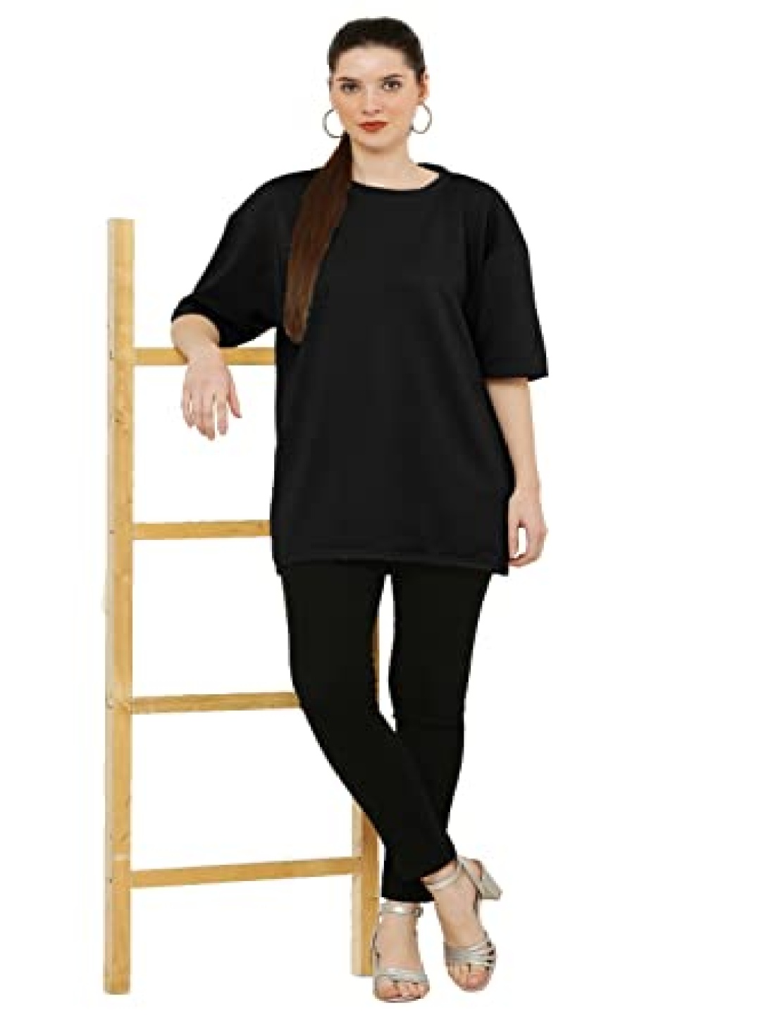 

NOTWILD Women Solid Round Neck Cotton Relaxed Fit T-shirt, Black