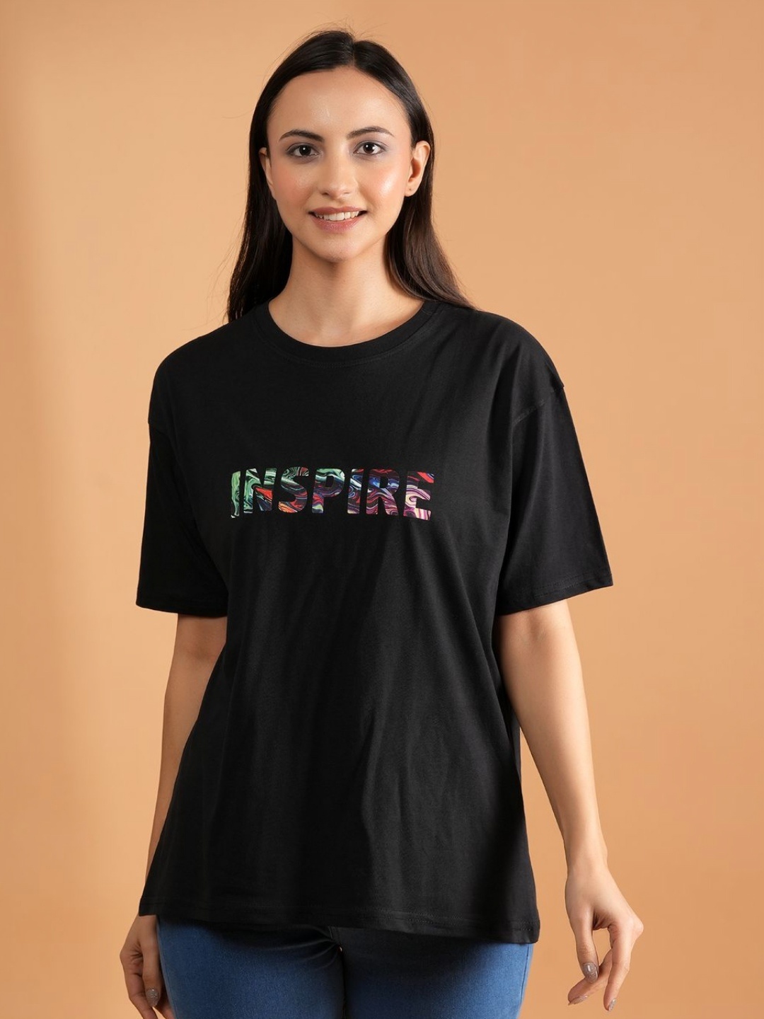 

NEYSA Women Typography Printed Round Neck Cotton Oversized T-shirt, Black