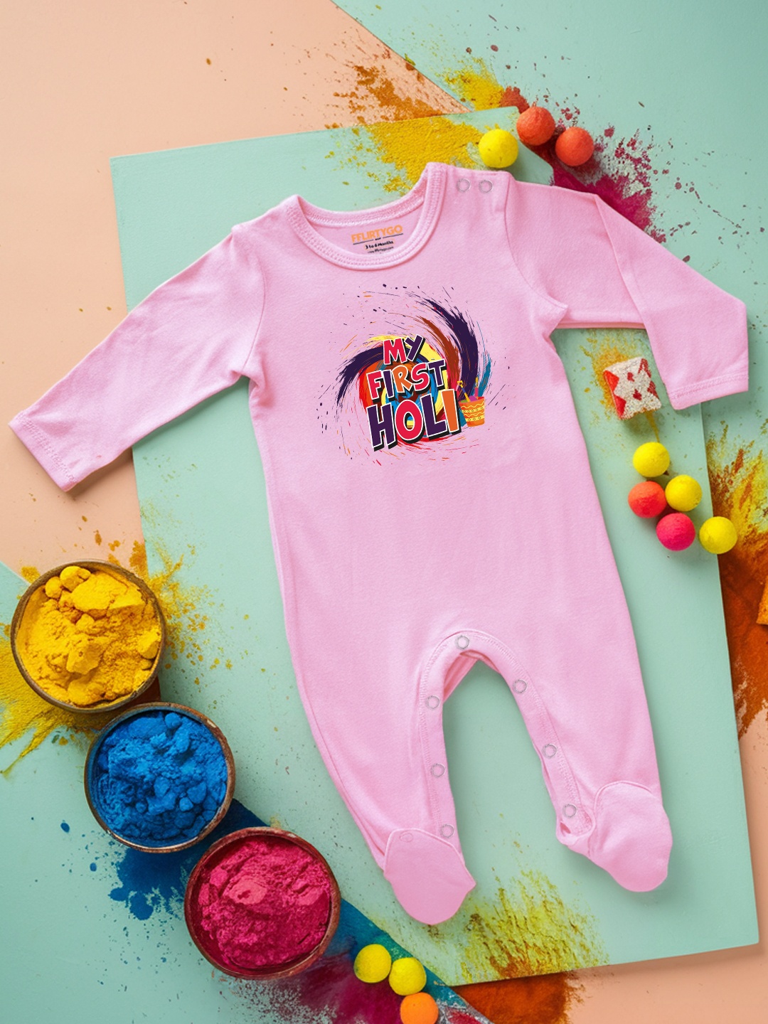 

FFLIRTYGO Infants Holi Printed Cotton Sleepsuit, Pink