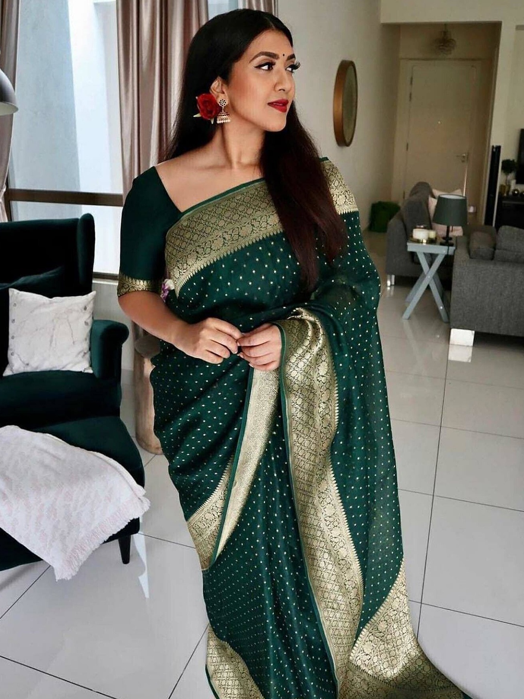 

bansari textiles Woven Design Zari Paithani Saree, Green