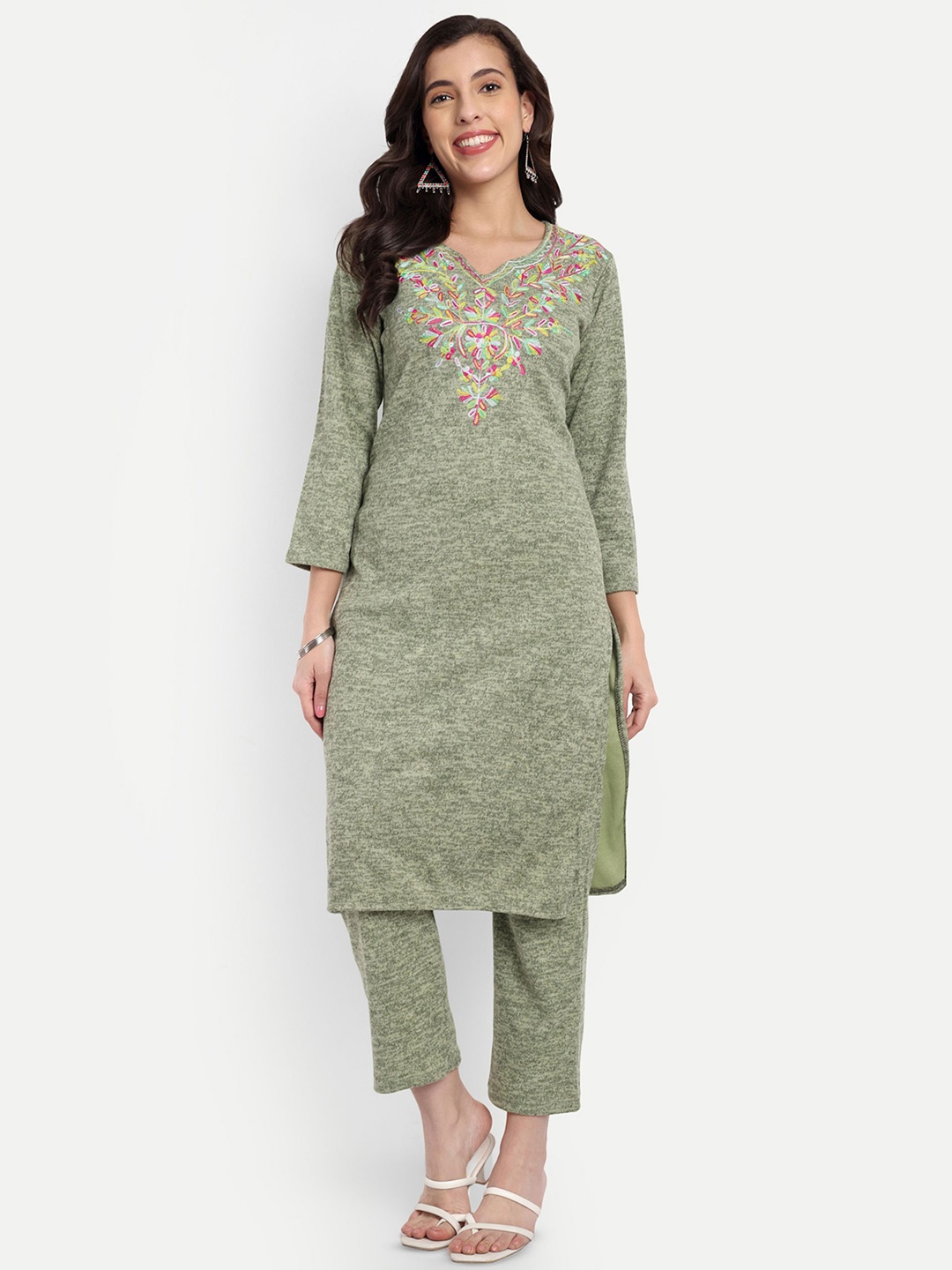 

FNOCKS Embroidered Notch Neck Pure Wool Tunic With Trousers, Green