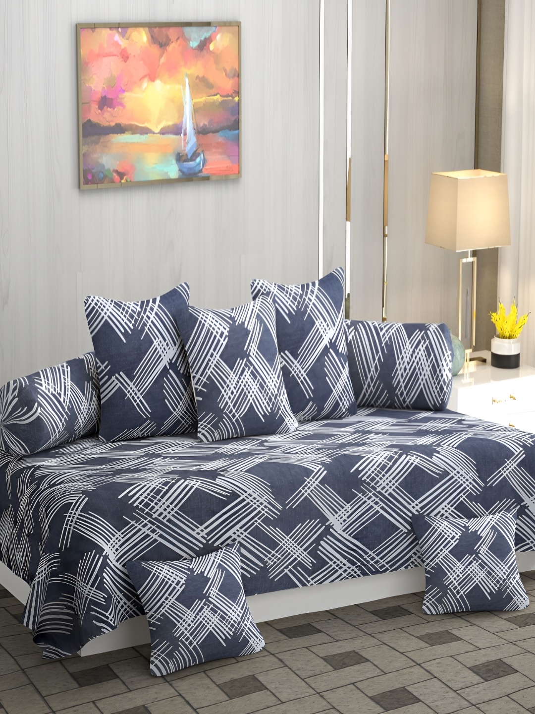 

Jizzby 8-Pcs Blue & Grey Printed240TC DiwanSet