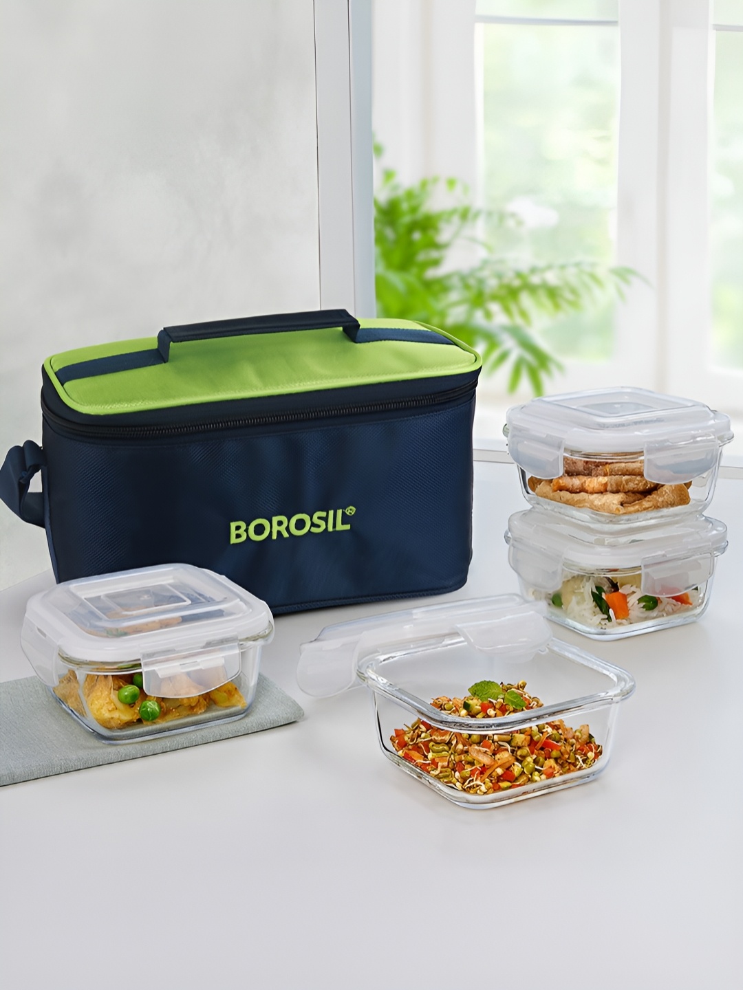 

BOROSIL Alfa Green 4 Pieces Borosilicate Glass Square Containers Lunch Boxes With Bag