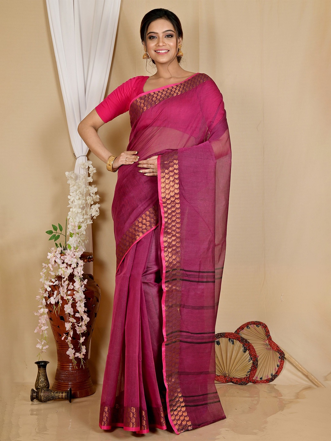 

PuJoy Pure Cotton Taant Saree, Maroon