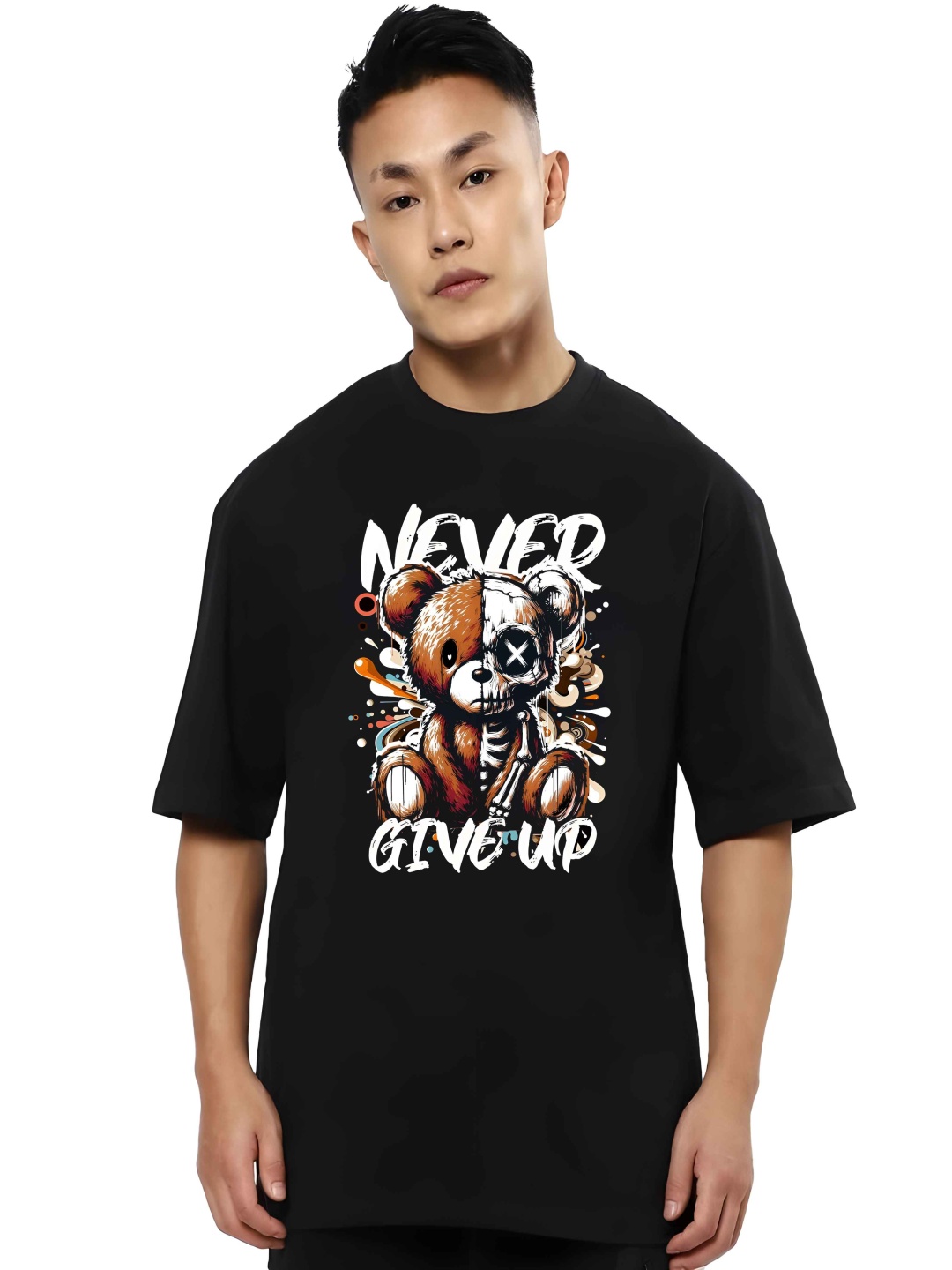 

BOWLIFESTYLE Men Graphic Printed Round Neck Cotton Oversized T-shirt, Black
