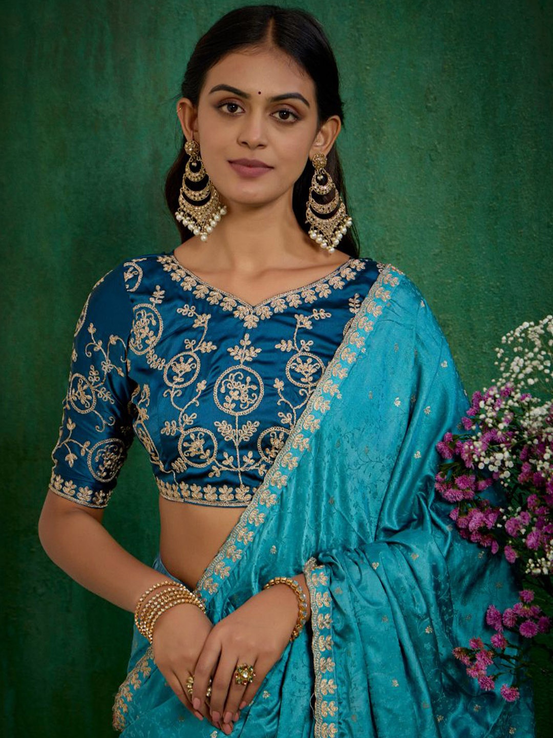 

Sangria Satin Jacquard Embroidered Saree with Blouse, Blue