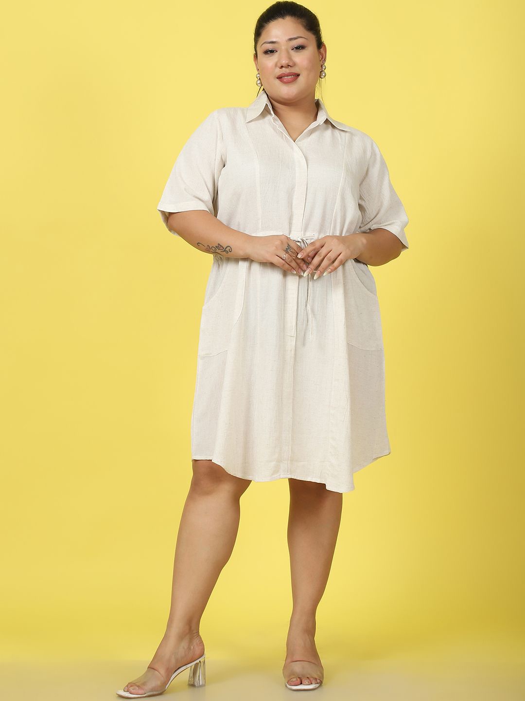 

theRebelinme Women Plus Size Shirt Collar A-Line Dress, Beige