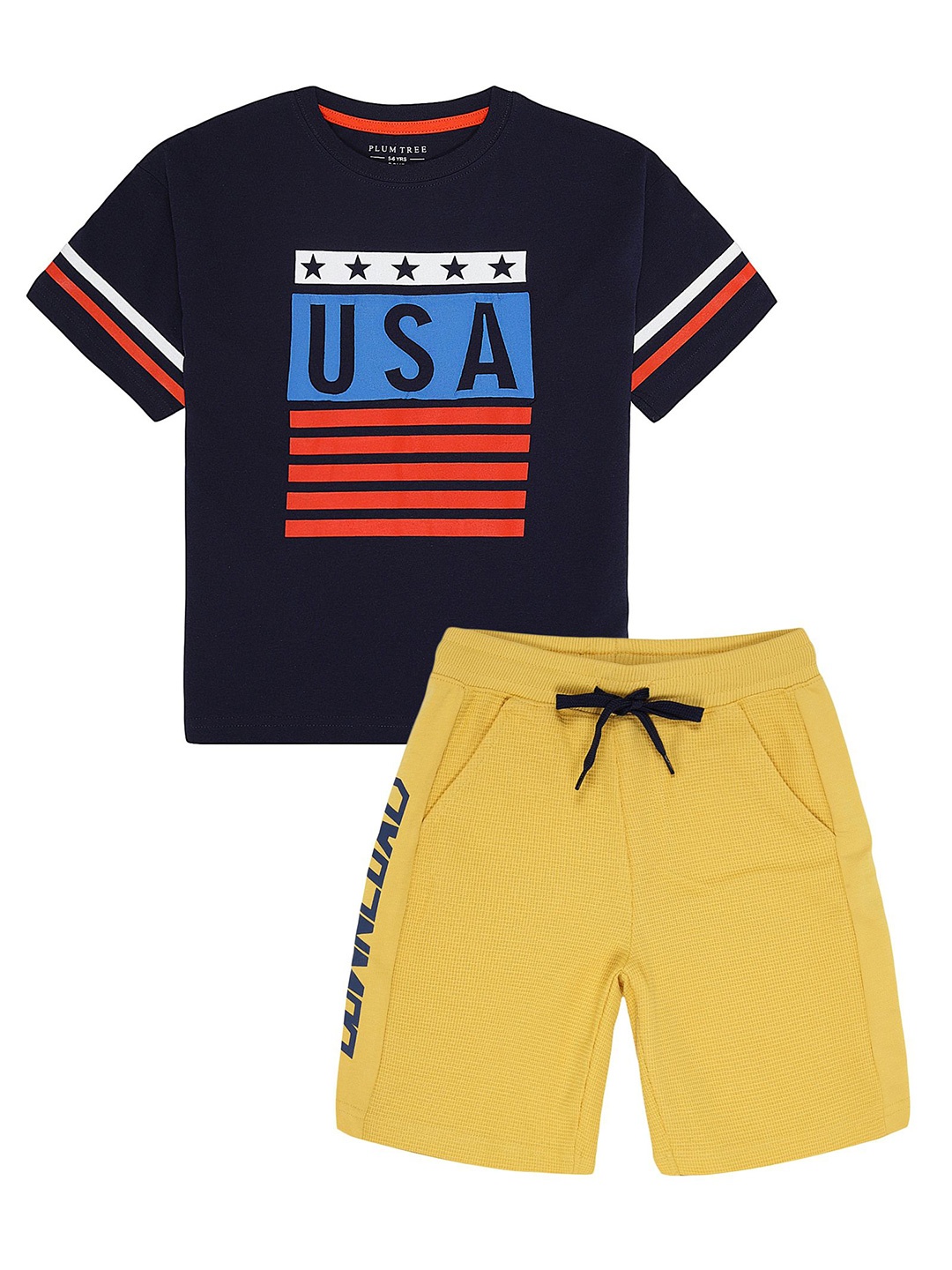

PLUM TREE Boys Printed Round Neck Pure Cotton T-Shirt With Shorts, Navy blue