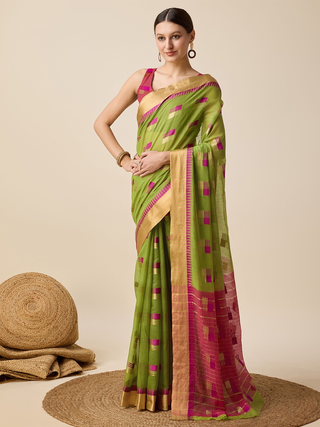 

bansari textiles Woven Design Zari Pure Cotton Banarasi Saree, Green