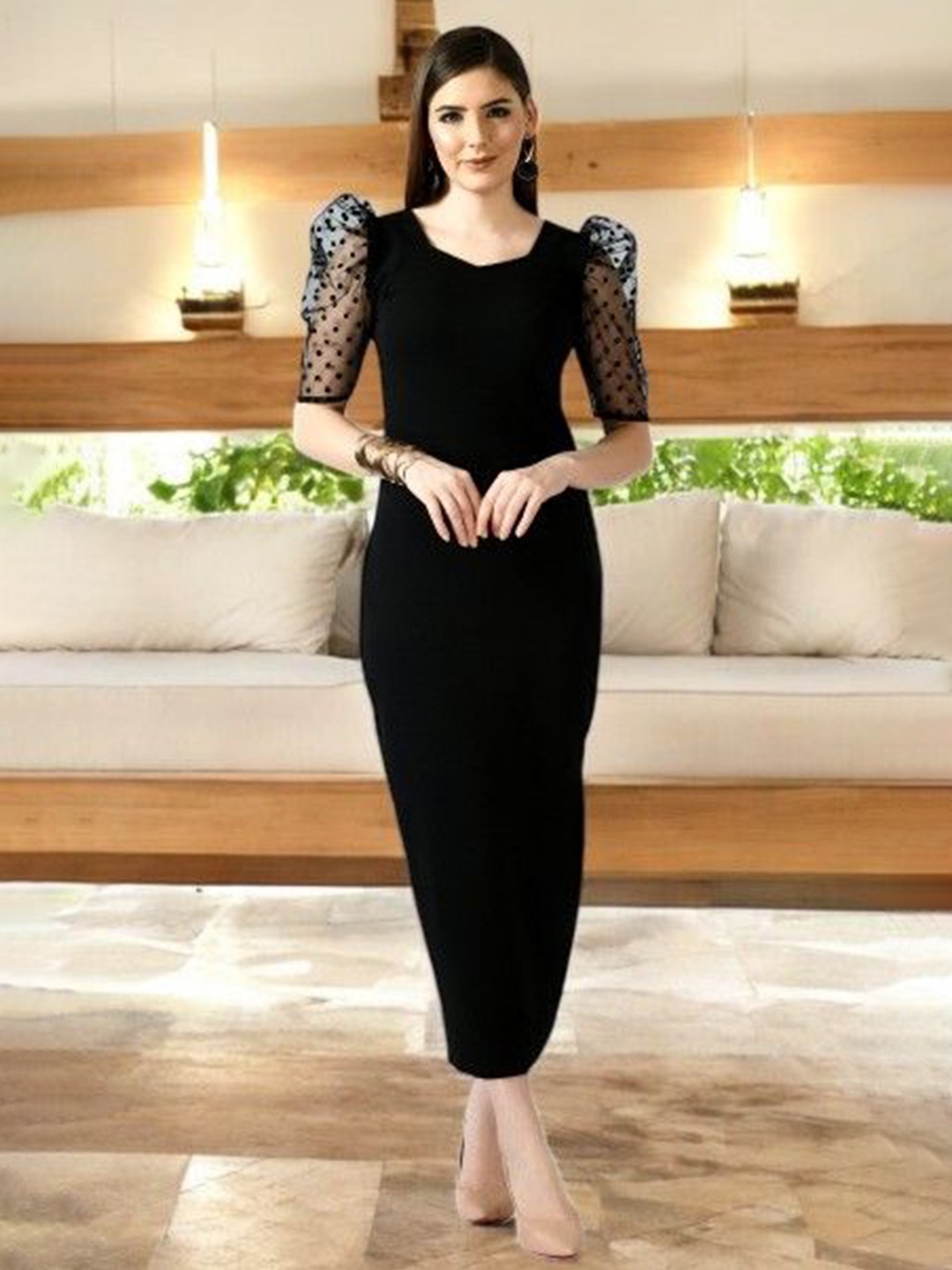 

IUGA Women Puff Sleeves Maxi Dress, Black