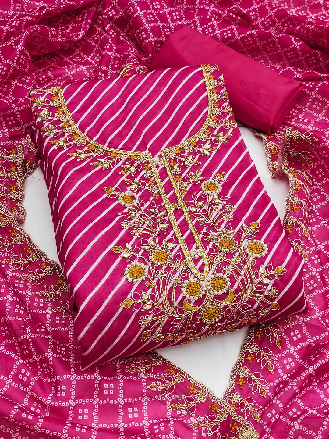 

KIMISHA Leheriya Printed Beads And Stones Unstitched Dress Material, Magenta