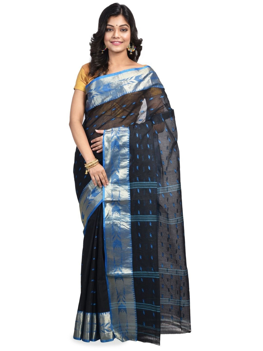 

RAJ SAREE HOUSE Woven Design Pure Cotton Jamdani Saree, Black