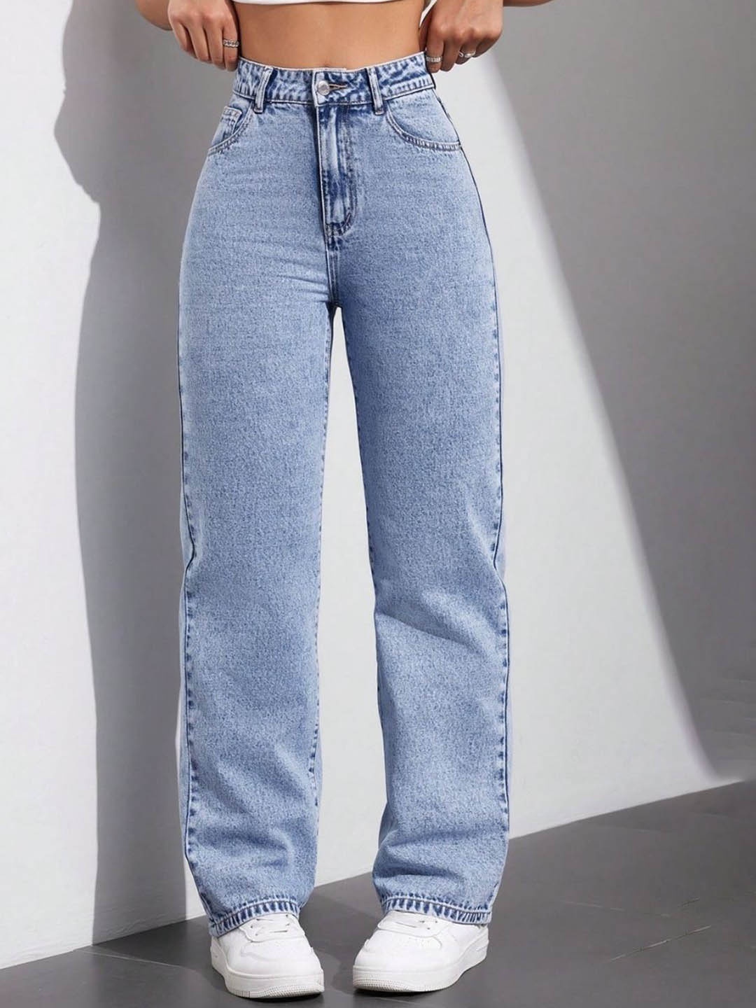 

NUCOUTHS Women Comfort Wide Leg Heavy Fade Stretchable Jeans, Blue