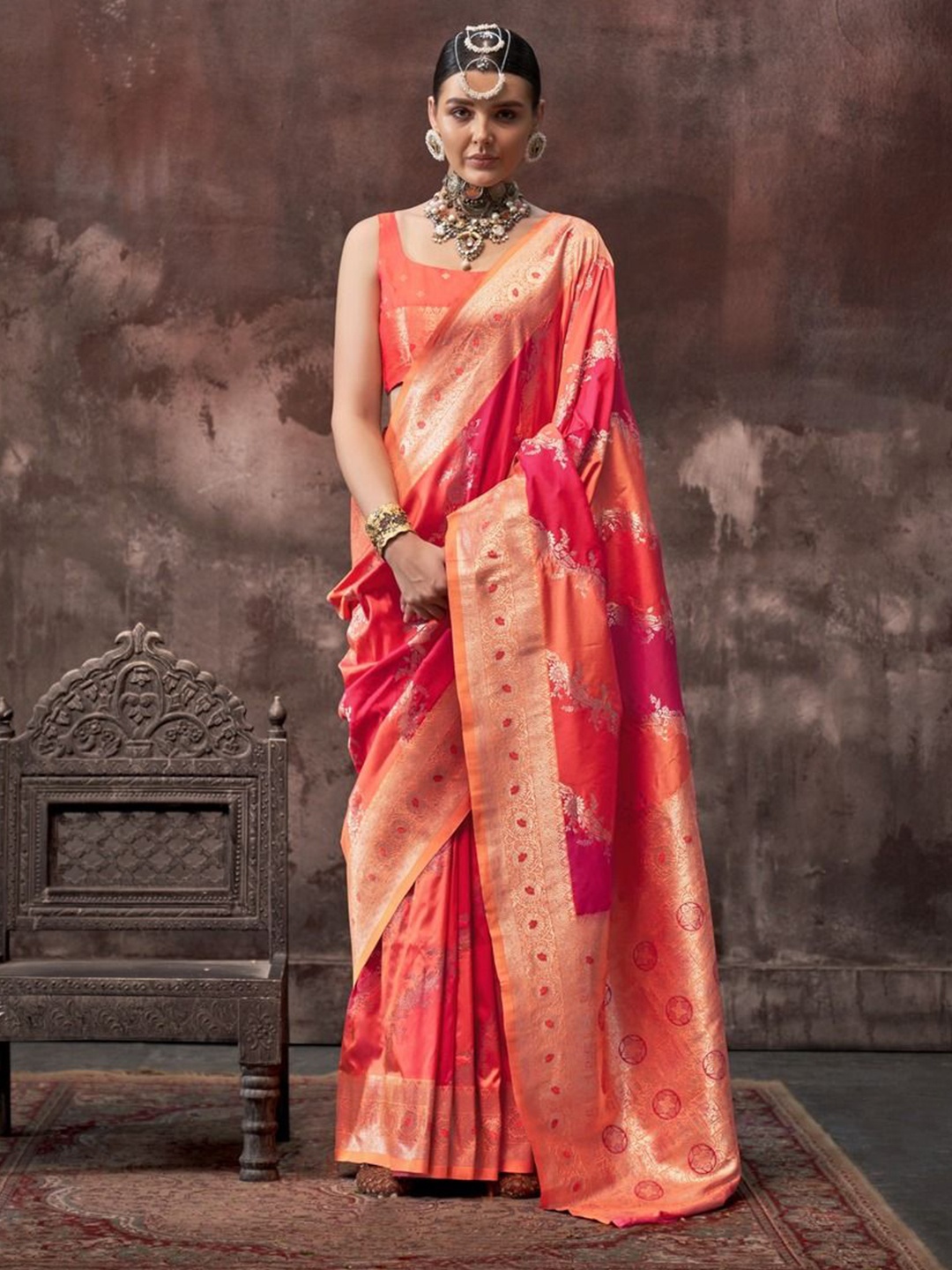 

Anouk Woven Design Zari Silk Blend Banarasi Saree, Orange