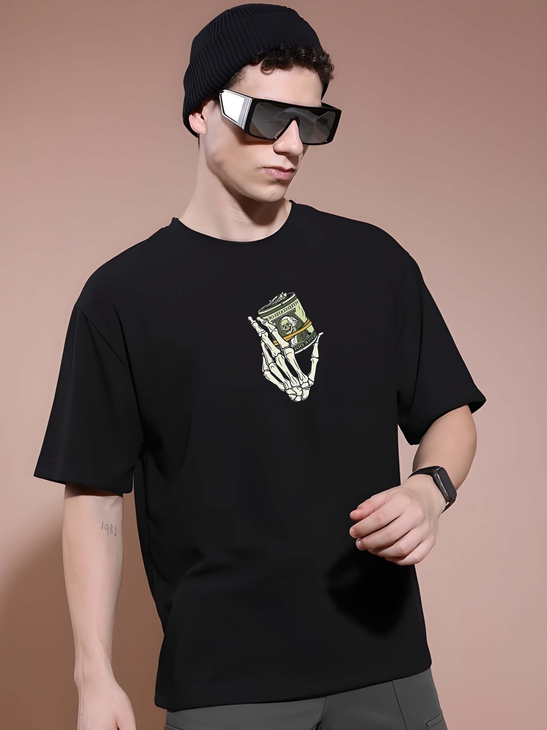 

Krimmple Men Drop-Shoulder Sleeves Pure Cotton T-shirt, Black