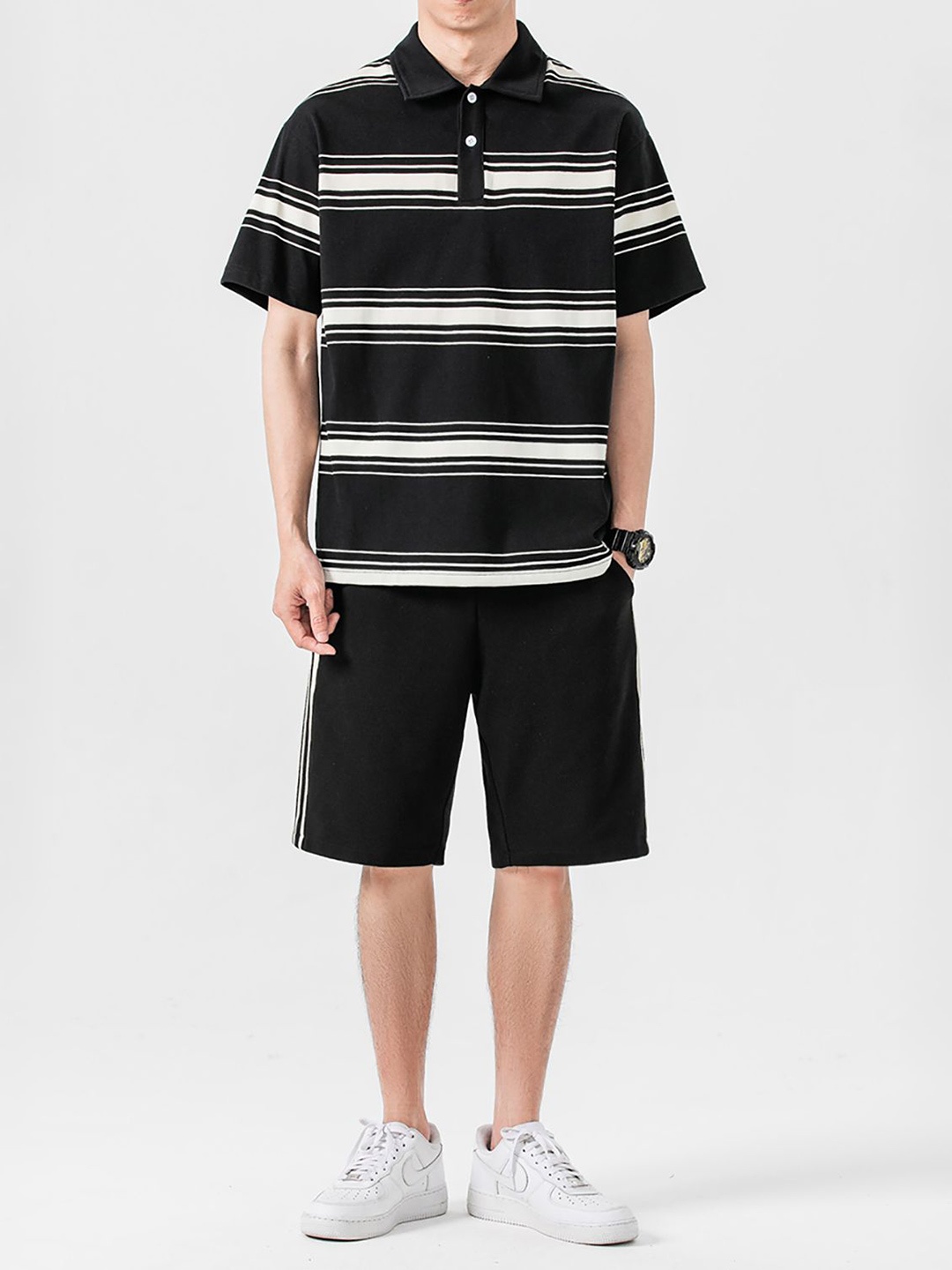 

StyleCast x Revolte Striped Polo Collar T-Shirt And Shorts, Black