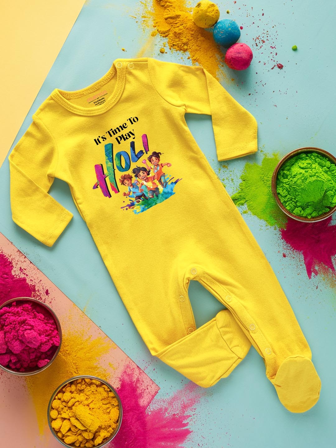 

FFLIRTYGO Infants Holi Printed Cotton Sleepsuit, Yellow